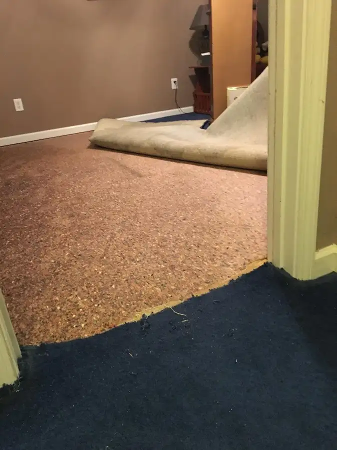 Carpet pad removal revealing water damage during Drying & Dehumidification in Monfort Heights